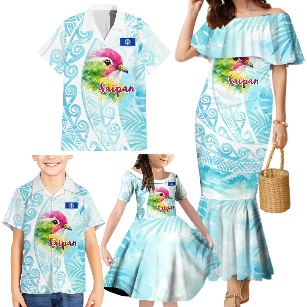 Saipan CMNI Family Matching Mermaid Dress and Hawaiian Shirt Polynesian Northern Mariana Islands Fruit Dove Watercolor