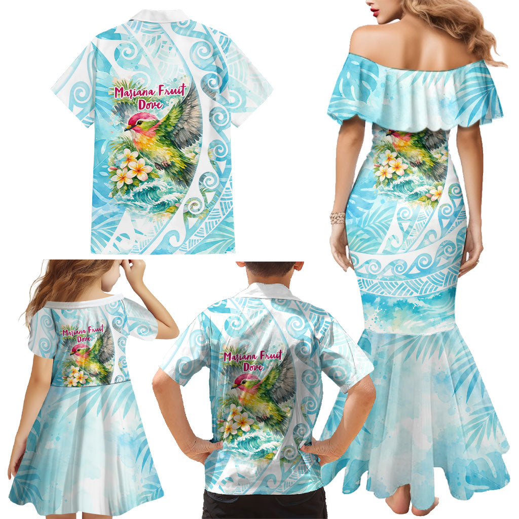 Saipan CMNI Family Matching Mermaid Dress and Hawaiian Shirt Polynesian Northern Mariana Islands Fruit Dove Watercolor