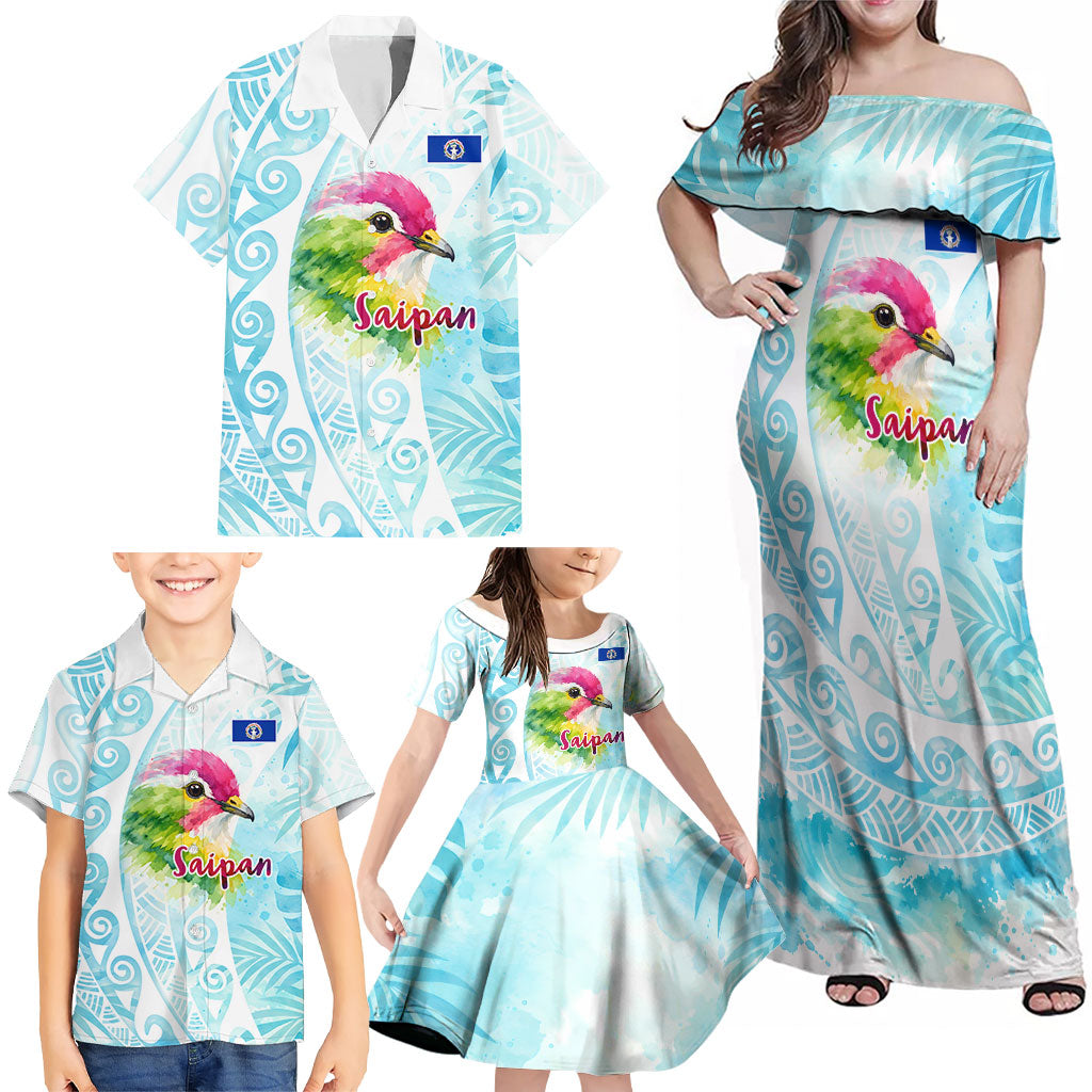 Saipan CMNI Family Matching Off Shoulder Maxi Dress and Hawaiian Shirt Polynesian Northern Mariana Islands Fruit Dove Watercolor