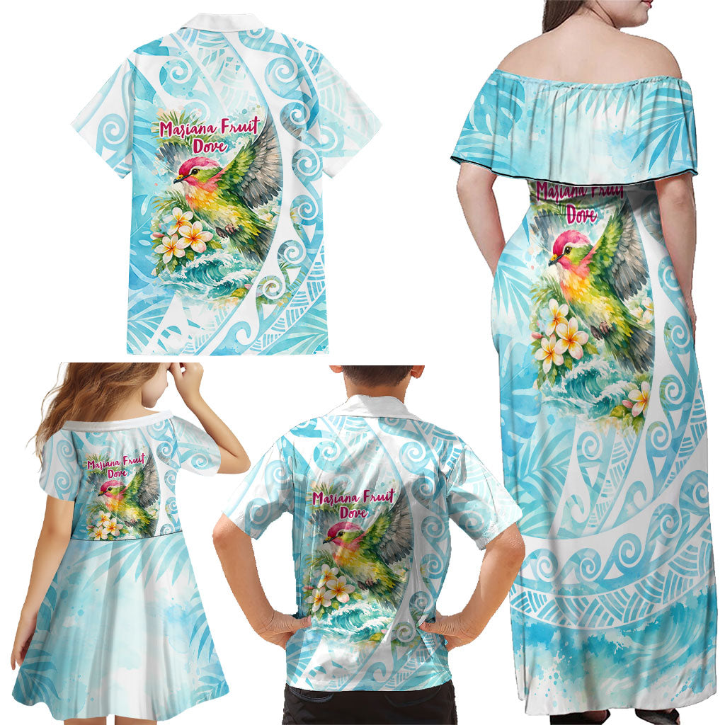 Saipan CMNI Family Matching Off Shoulder Maxi Dress and Hawaiian Shirt Polynesian Northern Mariana Islands Fruit Dove Watercolor