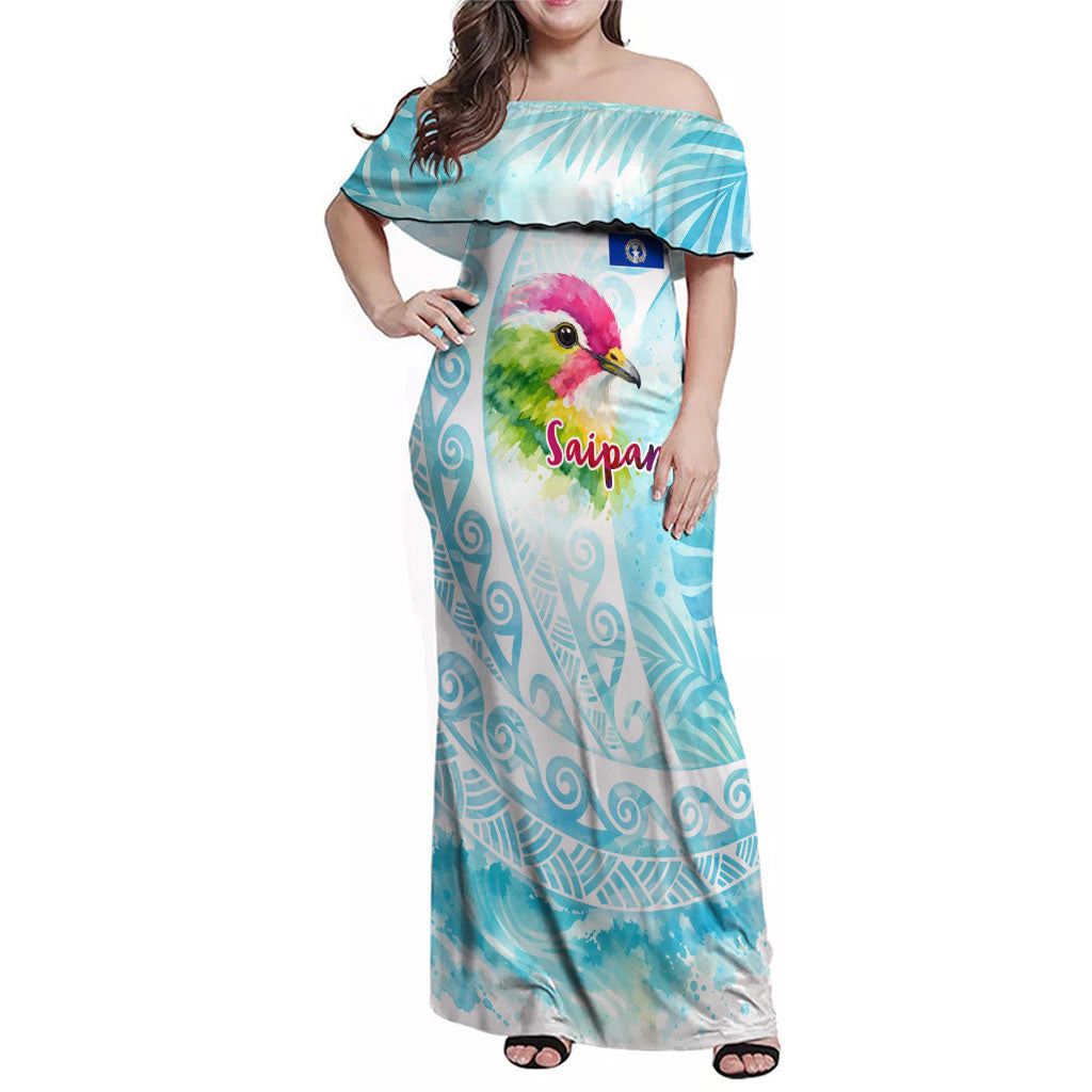 Saipan CMNI Family Matching Off Shoulder Maxi Dress and Hawaiian Shirt Polynesian Northern Mariana Islands Fruit Dove Watercolor
