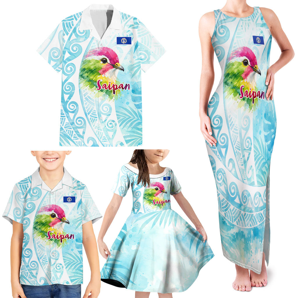 Saipan CMNI Family Matching Tank Maxi Dress and Hawaiian Shirt Polynesian Northern Mariana Islands Fruit Dove Watercolor