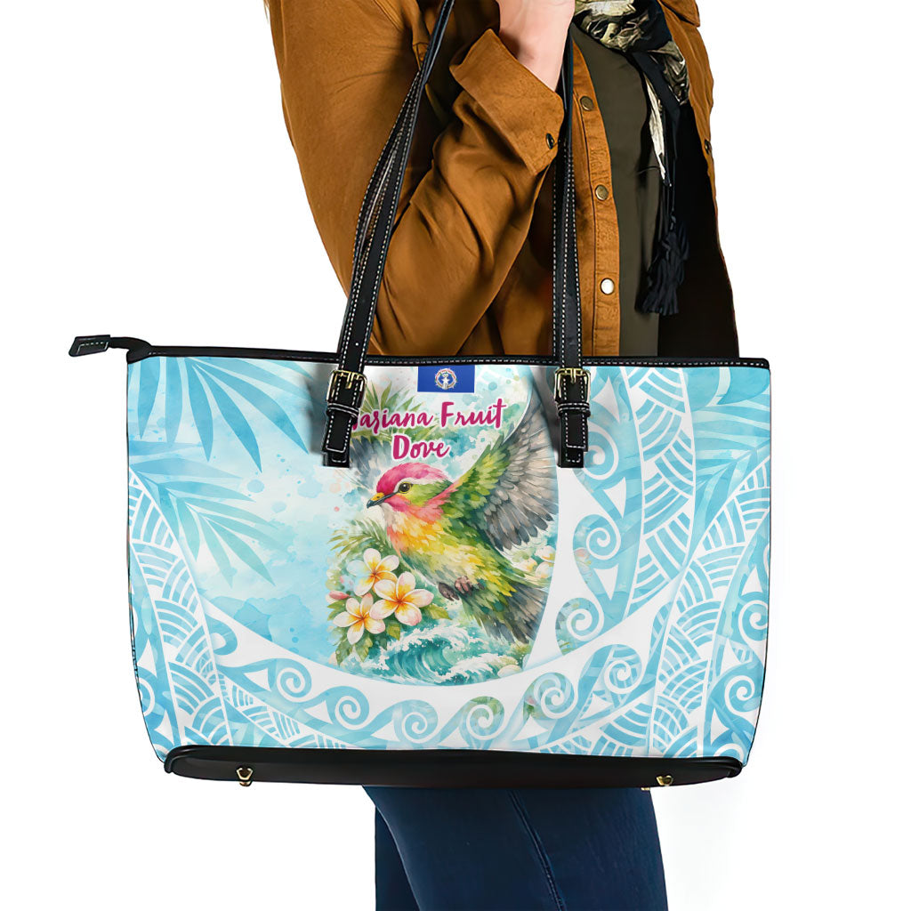 Saipan CMNI Leather Tote Bag Polynesian Northern Mariana Islands Fruit Dove Watercolor TS04 - Polynesian Pride