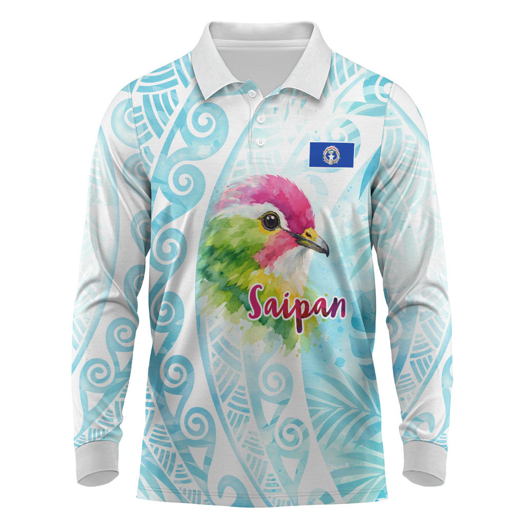 Saipan CMNI Long Sleeve Polo Shirt Polynesian Northern Mariana Islands Fruit Dove Watercolor