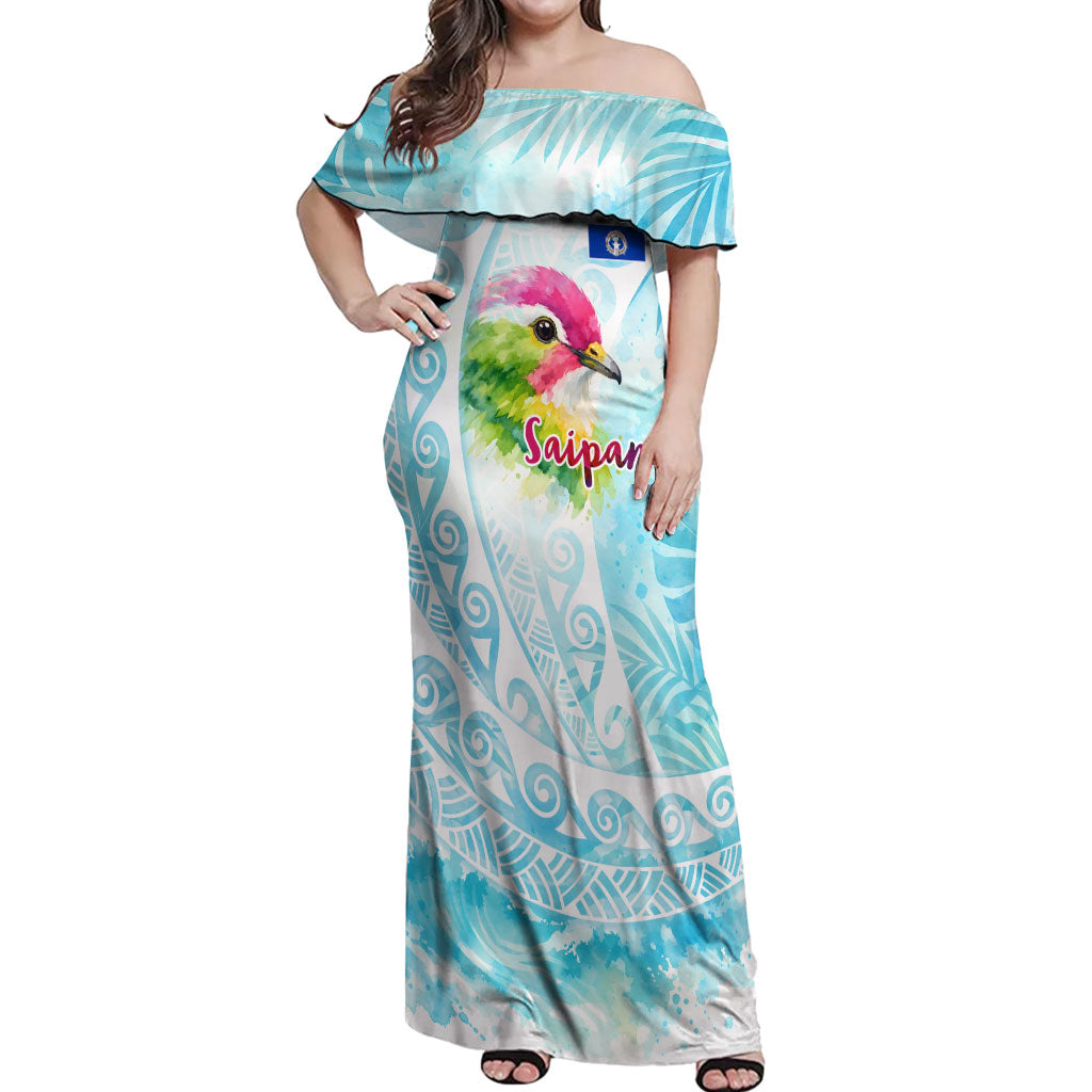 Saipan CMNI Off Shoulder Maxi Dress Polynesian Northern Mariana Islands Fruit Dove Watercolor TS04 Women Blue White - Polynesian Pride