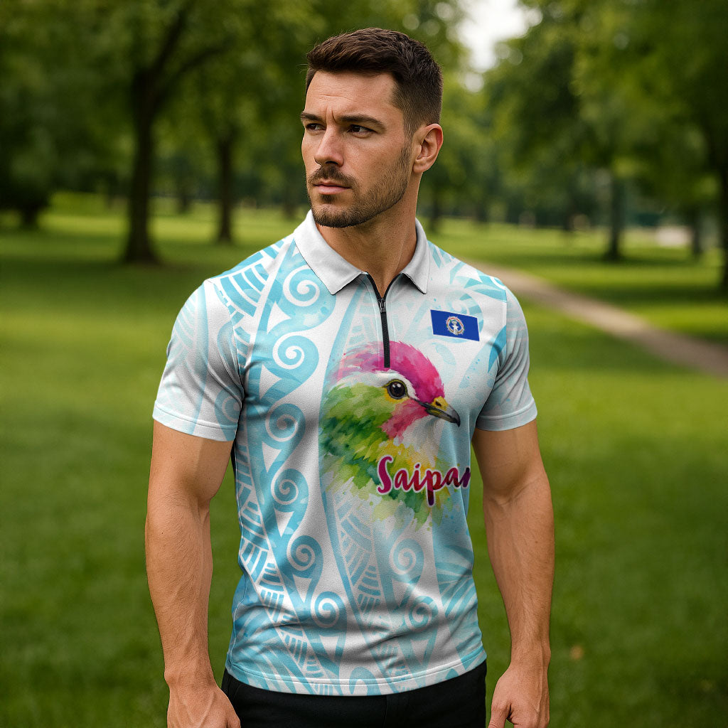 Saipan CMNI Zipper Polo Shirt Polynesian Northern Mariana Islands Fruit Dove Watercolor