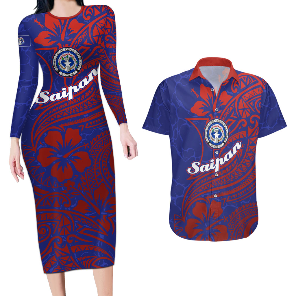 Saipan Northern Mariana Islands Couples Matching Long Sleeve Bodycon Dress and Hawaiian Shirt Polynesian Tribal Tattoo Art With Hibiscus Flowers And Seal
