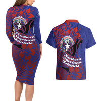 Saipan Northern Mariana Islands Couples Matching Long Sleeve Bodycon Dress and Hawaiian Shirt Polynesian Tribal Tattoo Art With Hibiscus Flowers And Seal