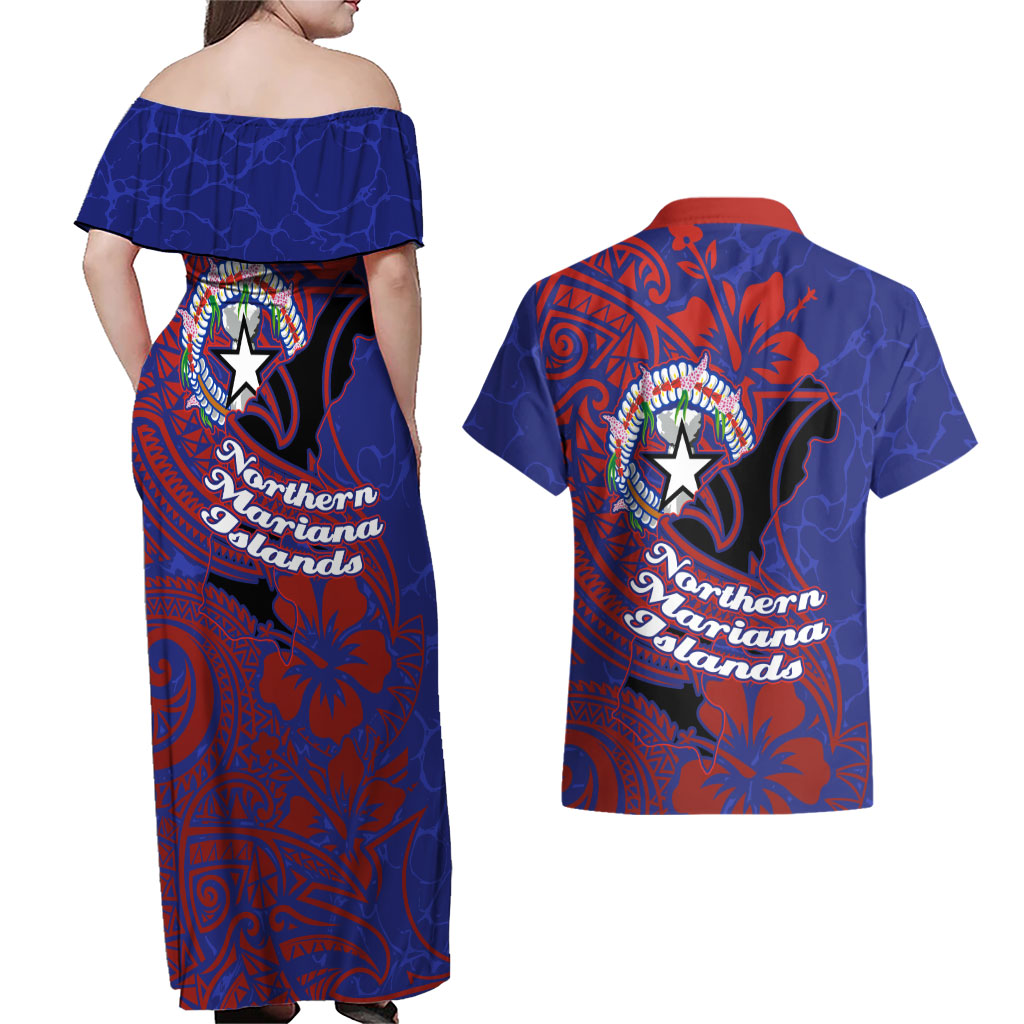 Saipan Northern Mariana Islands Couples Matching Off Shoulder Maxi Dress and Hawaiian Shirt Polynesian Tribal Tattoo Art With Hibiscus Flowers And Seal