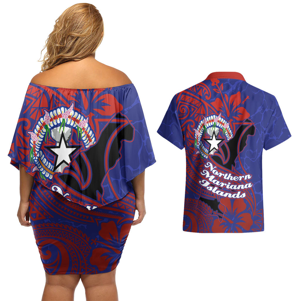 Saipan Northern Mariana Islands Couples Matching Off Shoulder Short Dress and Hawaiian Shirt Polynesian Tribal Tattoo Art With Hibiscus Flowers And Seal