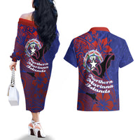 Saipan Northern Mariana Islands Couples Matching Off The Shoulder Long Sleeve Dress and Hawaiian Shirt Polynesian Tribal Tattoo Art With Hibiscus Flowers And Seal
