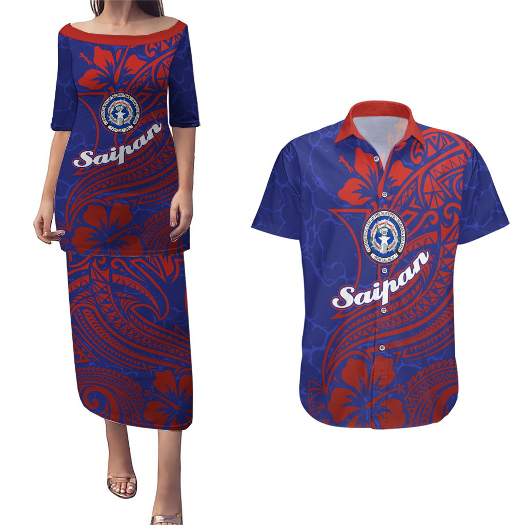 Saipan Northern Mariana Islands Couples Matching Puletasi and Hawaiian Shirt Polynesian Tribal Tattoo Art With Hibiscus Flowers And Seal