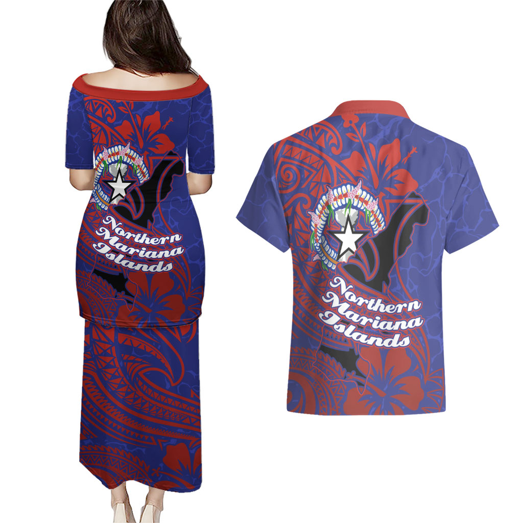 Saipan Northern Mariana Islands Couples Matching Puletasi and Hawaiian Shirt Polynesian Tribal Tattoo Art With Hibiscus Flowers And Seal