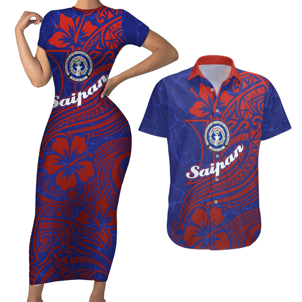 Saipan Northern Mariana Islands Couples Matching Short Sleeve Bodycon Dress and Hawaiian Shirt Polynesian Tribal Tattoo Art With Hibiscus Flowers And Seal