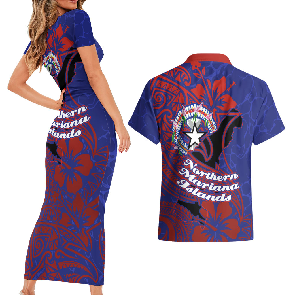 Saipan Northern Mariana Islands Couples Matching Short Sleeve Bodycon Dress and Hawaiian Shirt Polynesian Tribal Tattoo Art With Hibiscus Flowers And Seal