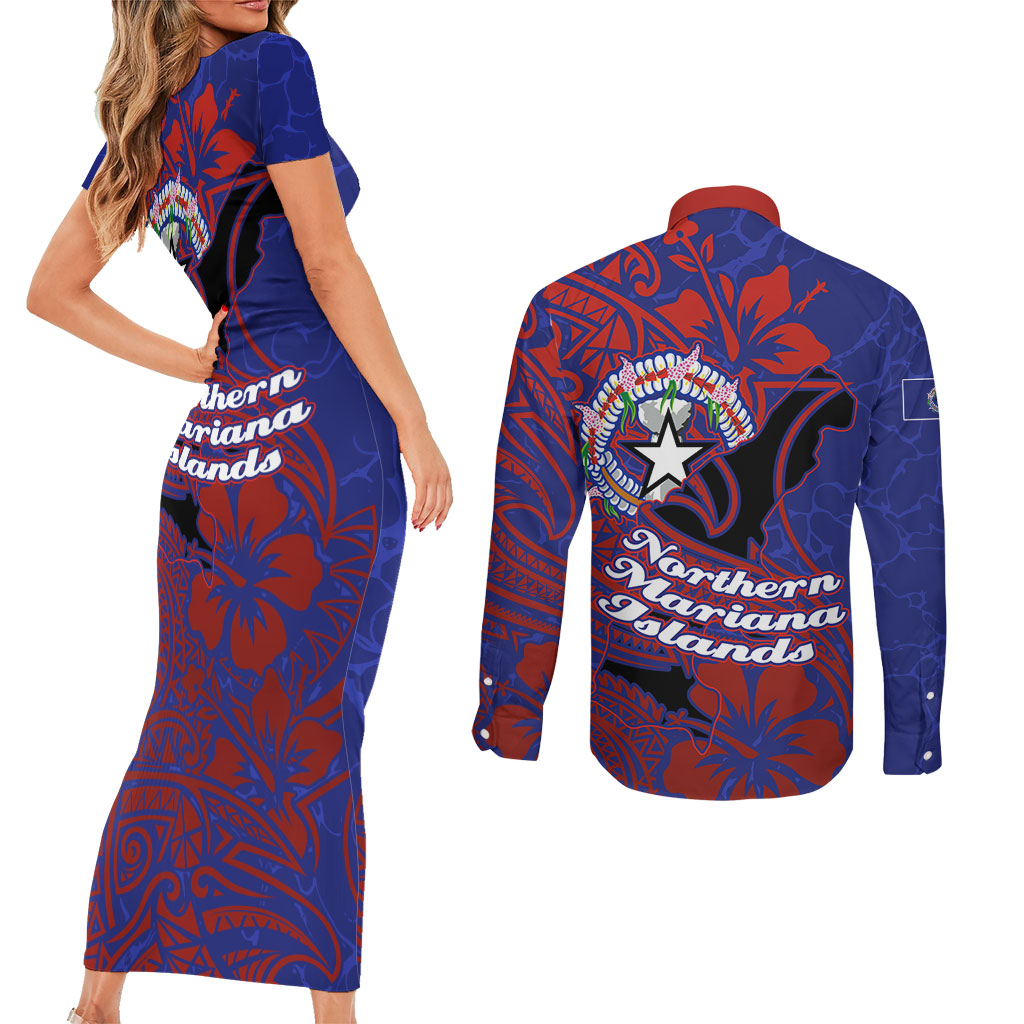 Saipan Northern Mariana Islands Couples Matching Short Sleeve Bodycon Dress and Long Sleeve Button Shirt Polynesian Tribal Tattoo Art With Hibiscus Flowers And Seal