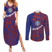 Saipan Northern Mariana Islands Couples Matching Summer Maxi Dress and Long Sleeve Button Shirt Polynesian Tribal Tattoo Art With Hibiscus Flowers And Seal