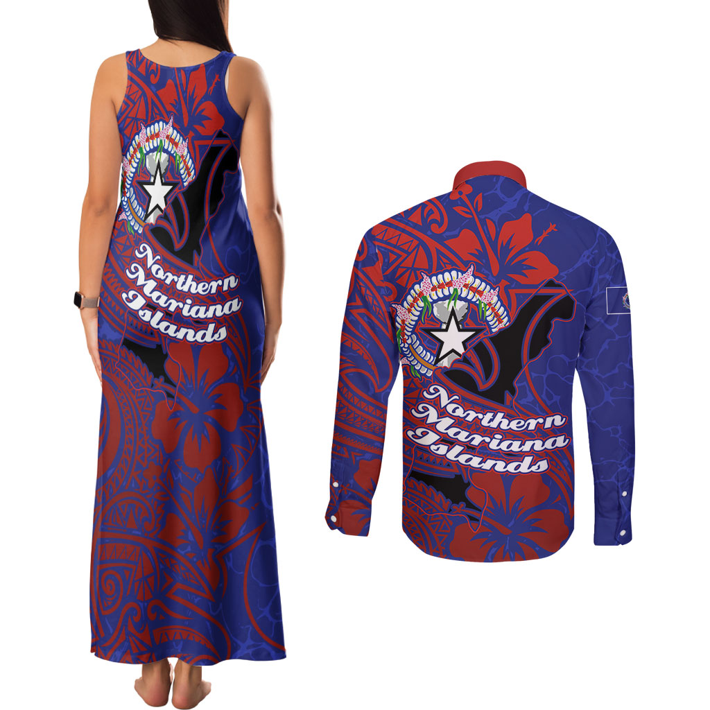 Saipan Northern Mariana Islands Couples Matching Tank Maxi Dress and Long Sleeve Button Shirt Polynesian Tribal Tattoo Art With Hibiscus Flowers And Seal