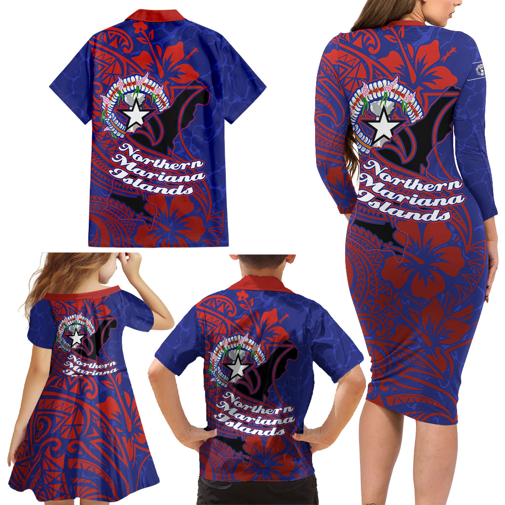 Saipan Northern Mariana Islands Family Matching Long Sleeve Bodycon Dress and Hawaiian Shirt Polynesian Tribal Tattoo Art With Hibiscus Flowers And Seal