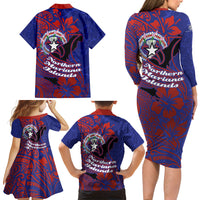 Saipan Northern Mariana Islands Family Matching Long Sleeve Bodycon Dress and Hawaiian Shirt Polynesian Tribal Tattoo Art With Hibiscus Flowers And Seal