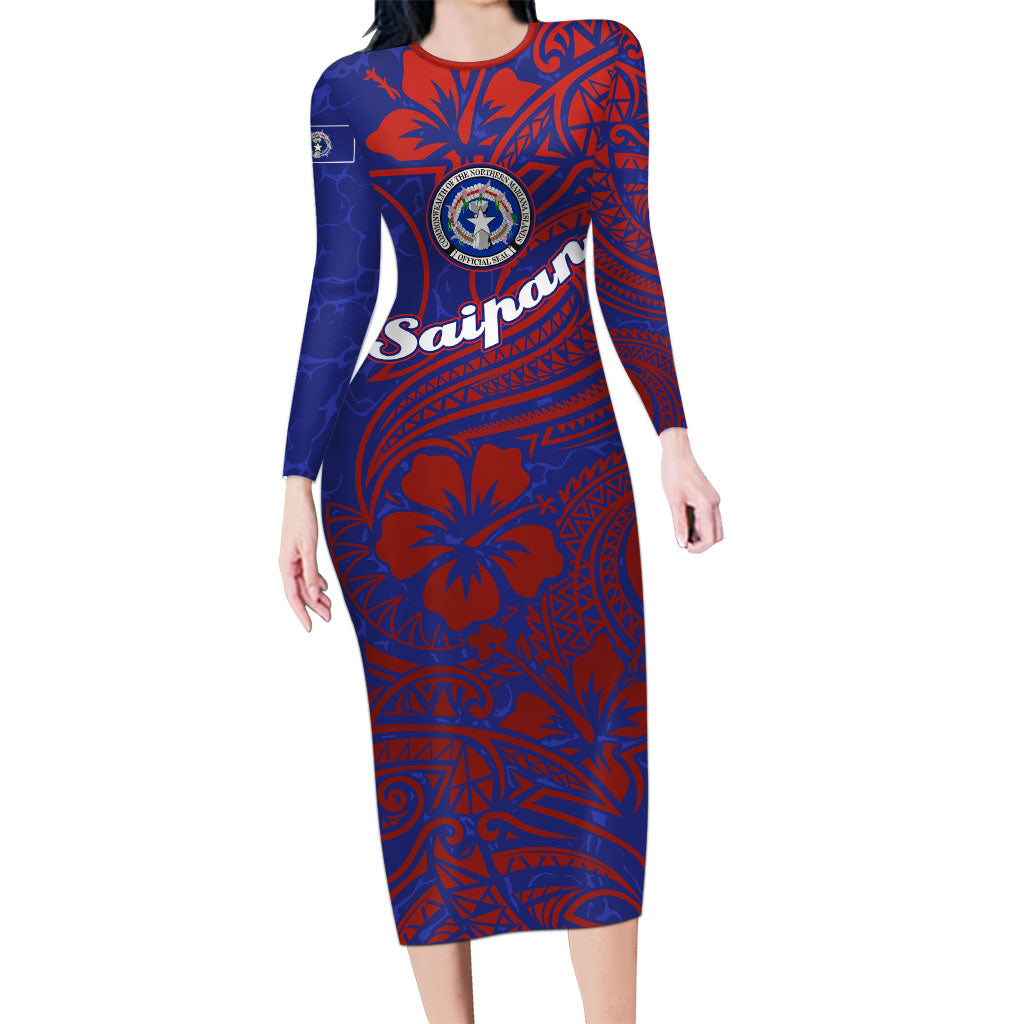Saipan Northern Mariana Islands Family Matching Long Sleeve Bodycon Dress and Hawaiian Shirt Polynesian Tribal Tattoo Art With Hibiscus Flowers And Seal