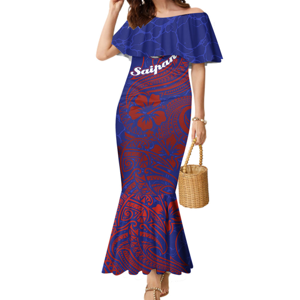 Saipan Northern Mariana Islands Family Matching Mermaid Dress and Hawaiian Shirt Polynesian Tribal Tattoo Art With Hibiscus Flowers And Seal