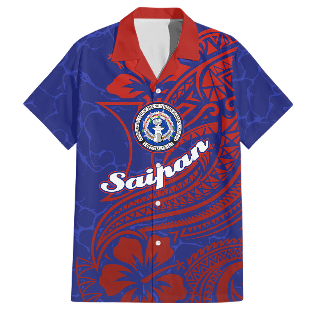Saipan Northern Mariana Islands Family Matching Off The Shoulder Long Sleeve Dress and Hawaiian Shirt Polynesian Tribal Tattoo Art With Hibiscus Flowers And Seal
