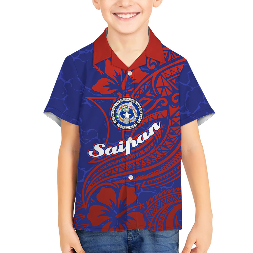 Saipan Northern Mariana Islands Family Matching Off The Shoulder Long Sleeve Dress and Hawaiian Shirt Polynesian Tribal Tattoo Art With Hibiscus Flowers And Seal
