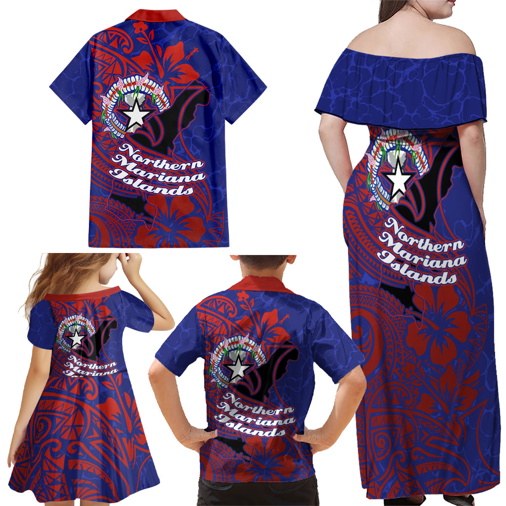 Saipan Northern Mariana Islands Family Matching Off Shoulder Maxi Dress and Hawaiian Shirt Polynesian Tribal Tattoo Art With Hibiscus Flowers And Seal