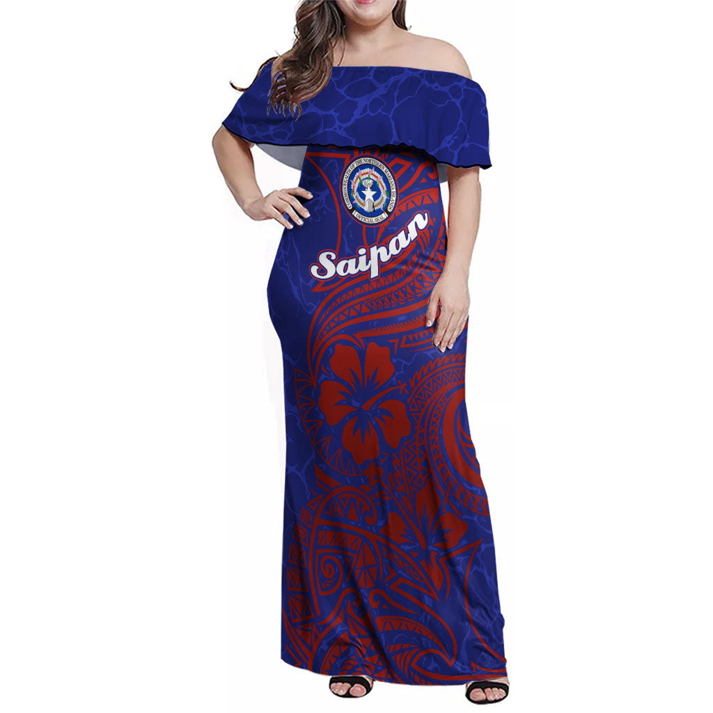 Saipan Northern Mariana Islands Family Matching Off Shoulder Maxi Dress and Hawaiian Shirt Polynesian Tribal Tattoo Art With Hibiscus Flowers And Seal