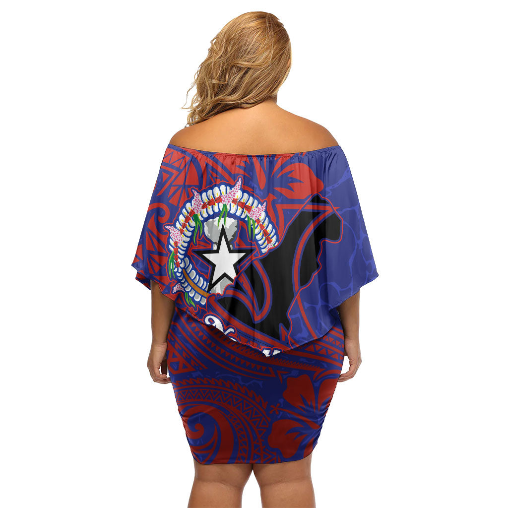 Saipan Northern Mariana Islands Family Matching Off Shoulder Short Dress and Hawaiian Shirt Polynesian Tribal Tattoo Art With Hibiscus Flowers And Seal