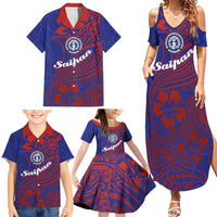 Saipan Northern Mariana Islands Family Matching Summer Maxi Dress and Hawaiian Shirt Polynesian Tribal Tattoo Art With Hibiscus Flowers And Seal