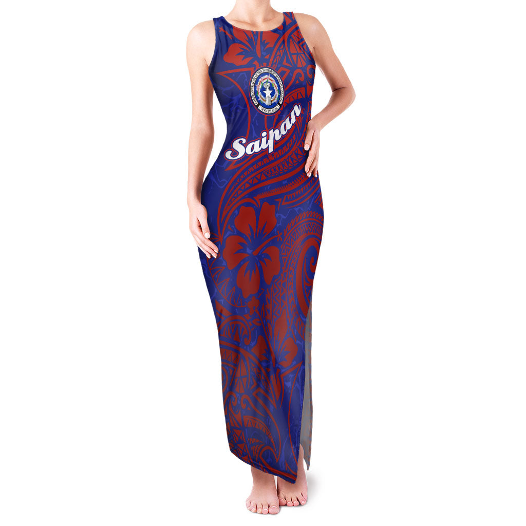Saipan Northern Mariana Islands Family Matching Tank Maxi Dress and Hawaiian Shirt Polynesian Tribal Tattoo Art With Hibiscus Flowers And Seal