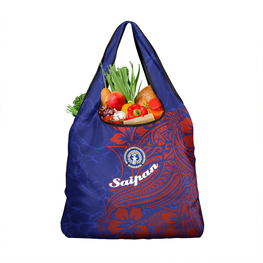 Saipan Northern Mariana Islands Grocery Bag Polynesian Tribal Tattoo Art With Hibiscus Flowers And Seal