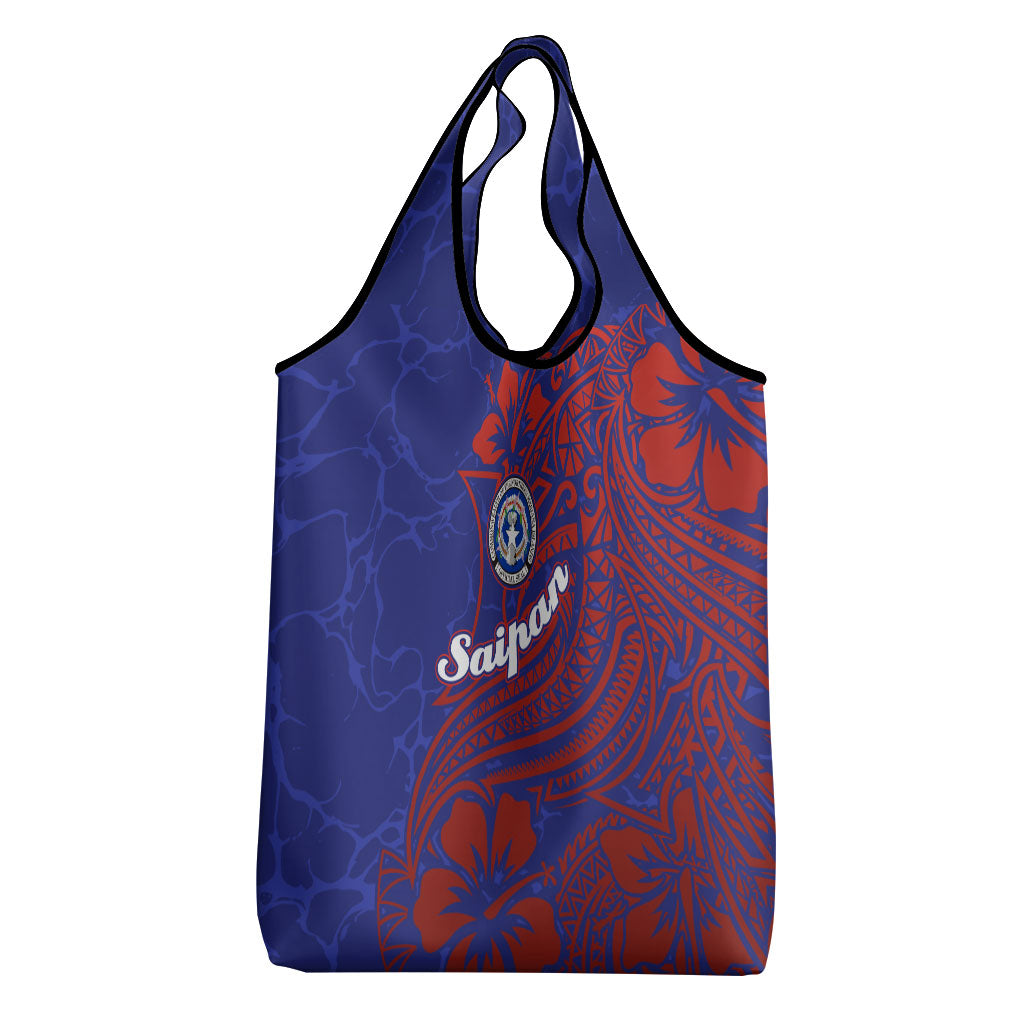 Saipan Northern Mariana Islands Grocery Bag Polynesian Tribal Tattoo Art With Hibiscus Flowers And Seal