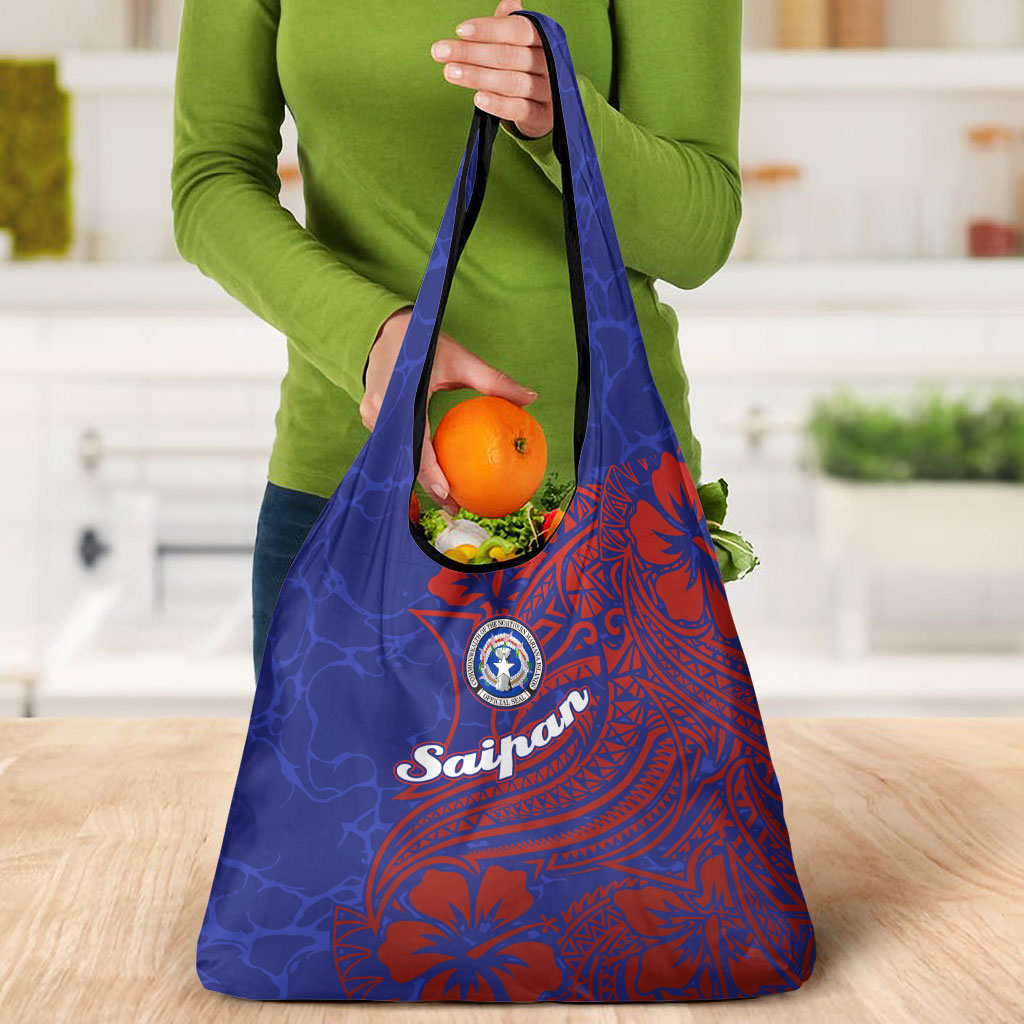 Saipan Northern Mariana Islands Grocery Bag Polynesian Tribal Tattoo Art With Hibiscus Flowers And Seal