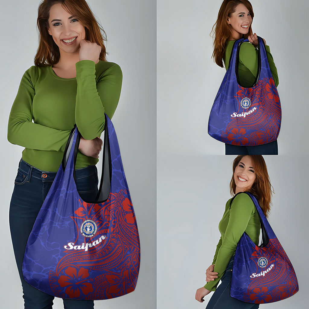 Saipan Northern Mariana Islands Grocery Bag Polynesian Tribal Tattoo Art With Hibiscus Flowers And Seal