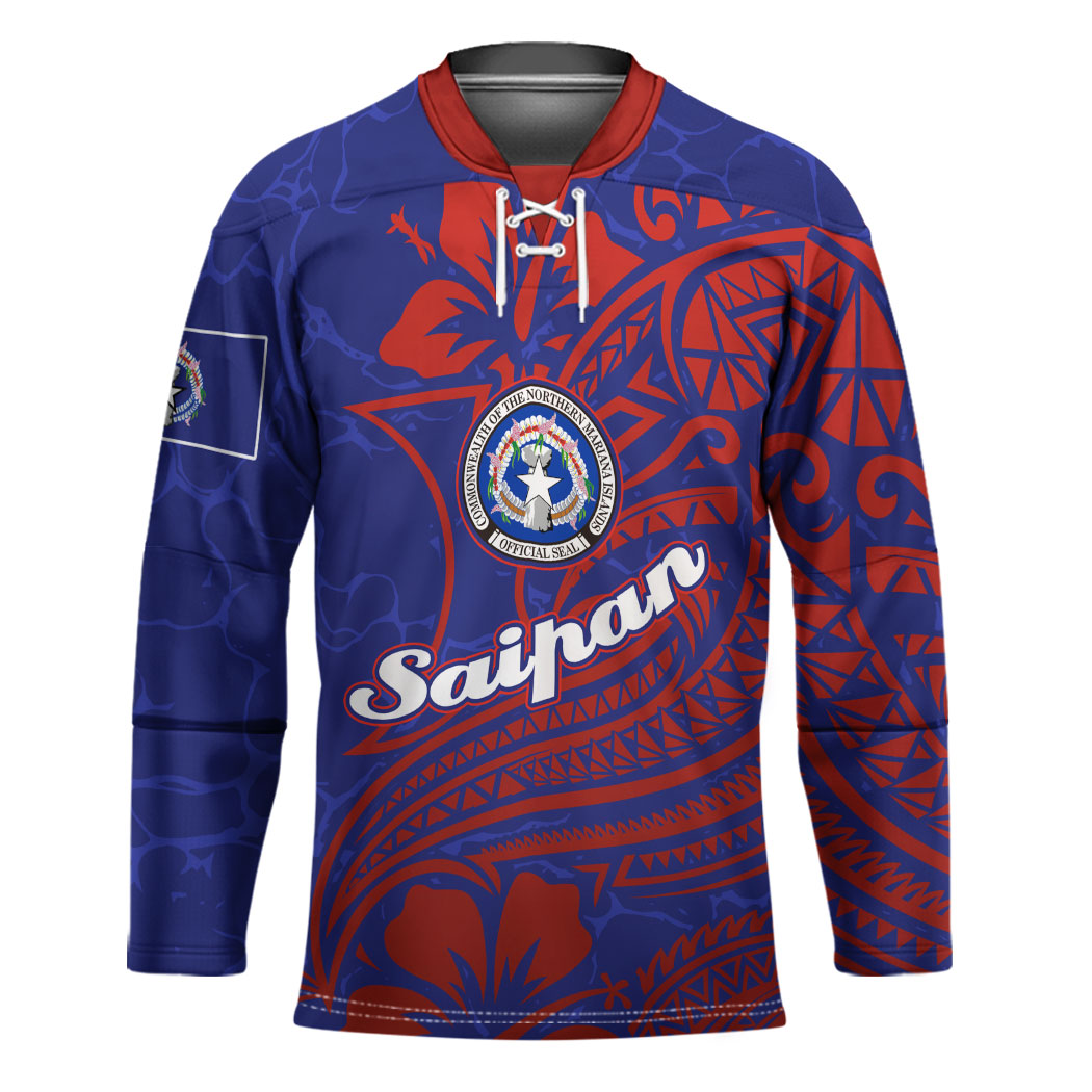 Saipan Northern Mariana Islands Hockey Jersey Polynesian Tribal Tattoo Art With Hibiscus Flowers And Seal