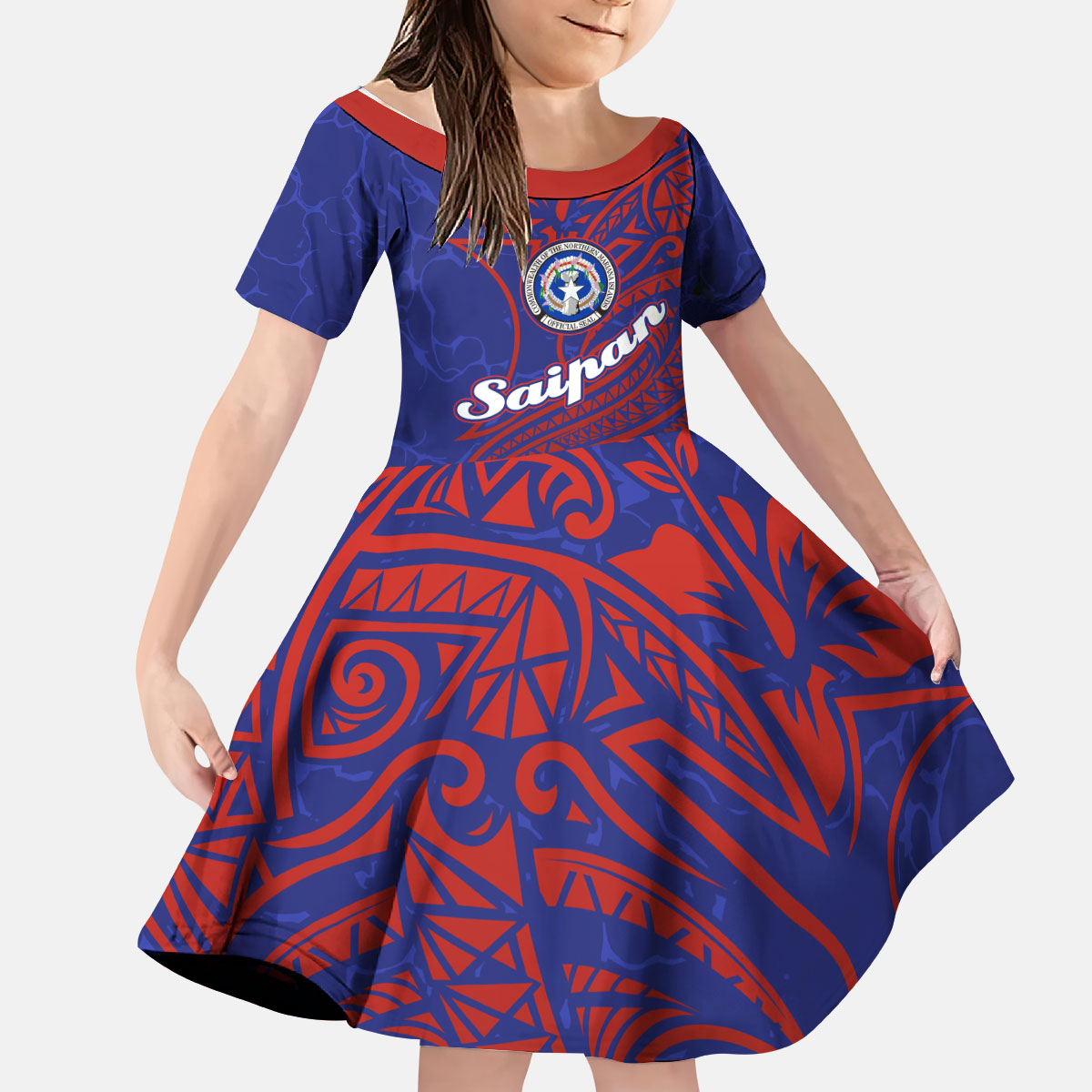 Saipan Northern Mariana Islands Kid Short Sleeve Dress Polynesian Tribal Tattoo Art With Hibiscus Flowers And Seal