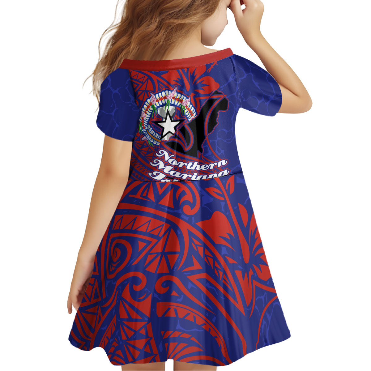 Saipan Northern Mariana Islands Kid Short Sleeve Dress Polynesian Tribal Tattoo Art With Hibiscus Flowers And Seal