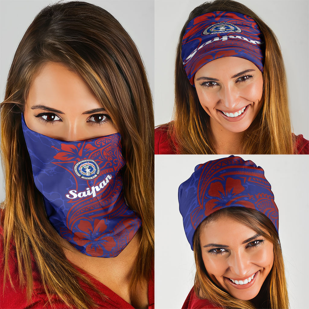 Saipan Northern Mariana Islands Neck Gaiter Polynesian Tribal Tattoo Art With Hibiscus Flowers And Seal