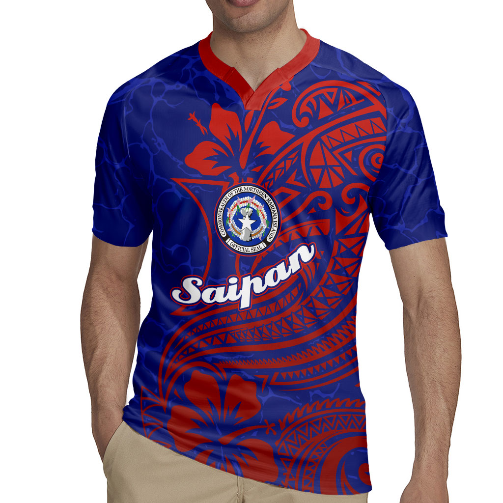 Saipan Northern Mariana Islands Rugby Jersey Polynesian Tribal Tattoo Art With Hibiscus Flowers And Seal