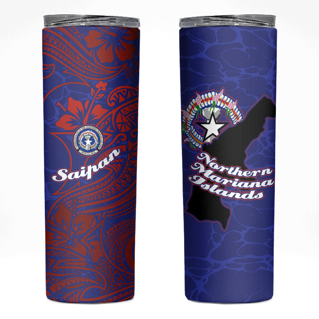 Saipan Northern Mariana Islands Skinny Tumbler Polynesian Tribal Tattoo Art With Hibiscus Flowers And Seal