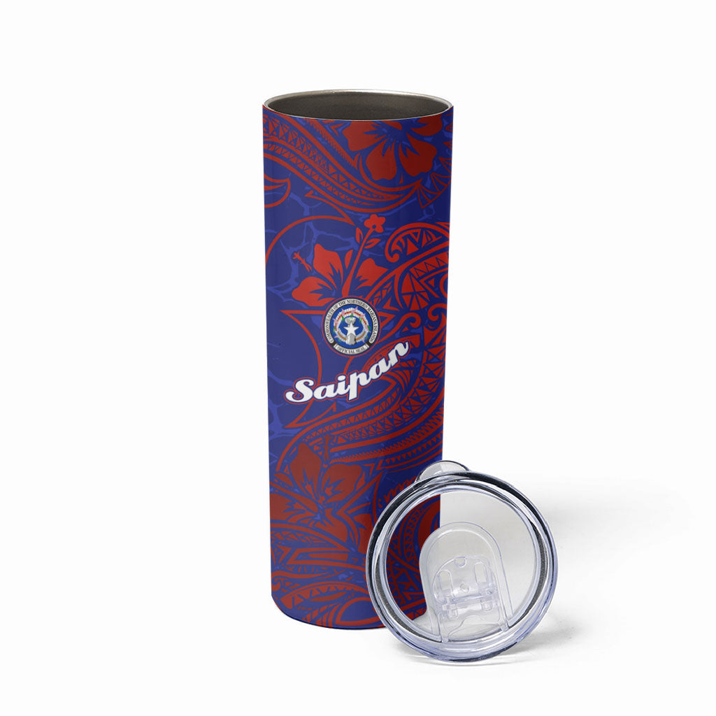 Saipan Northern Mariana Islands Skinny Tumbler Polynesian Tribal Tattoo Art With Hibiscus Flowers And Seal