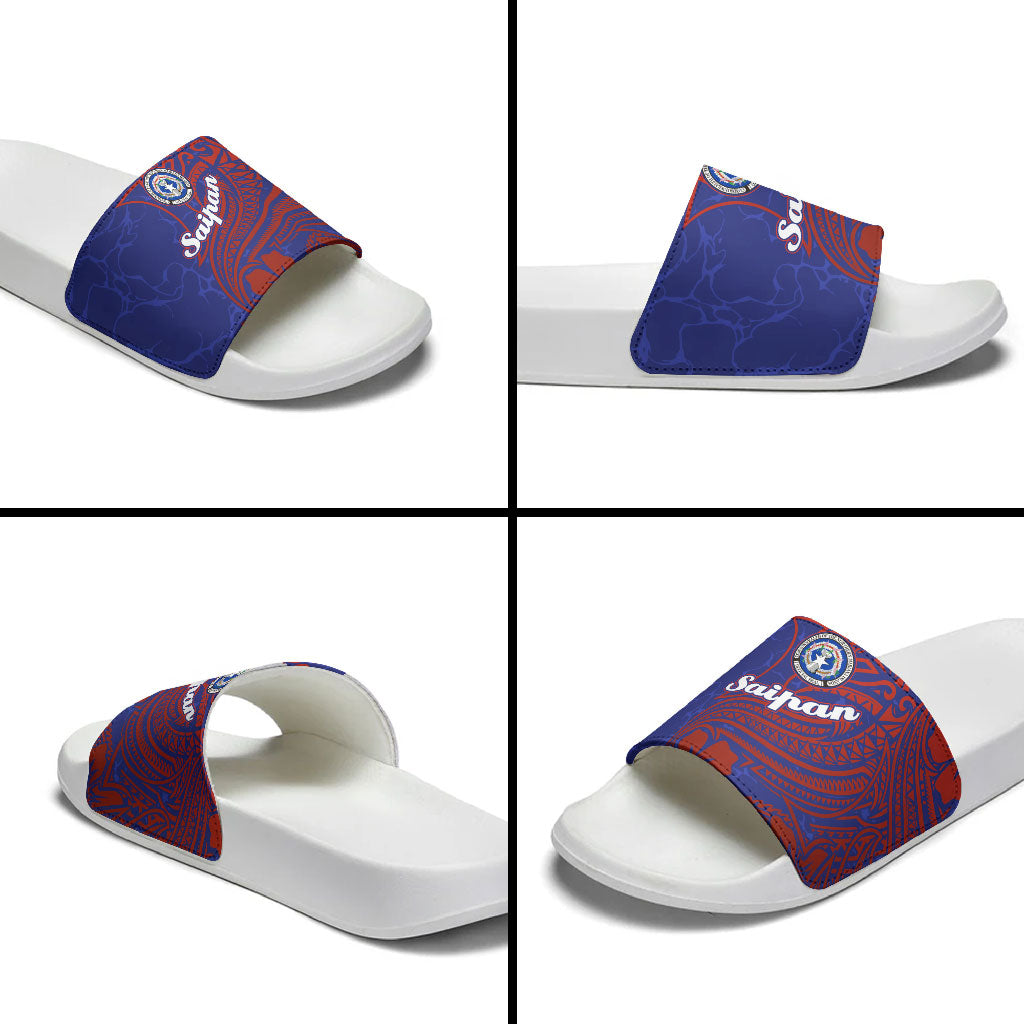 Saipan Northern Mariana Islands Slide Sandals Polynesian Tribal Tattoo Art With Hibiscus Flowers And Seal