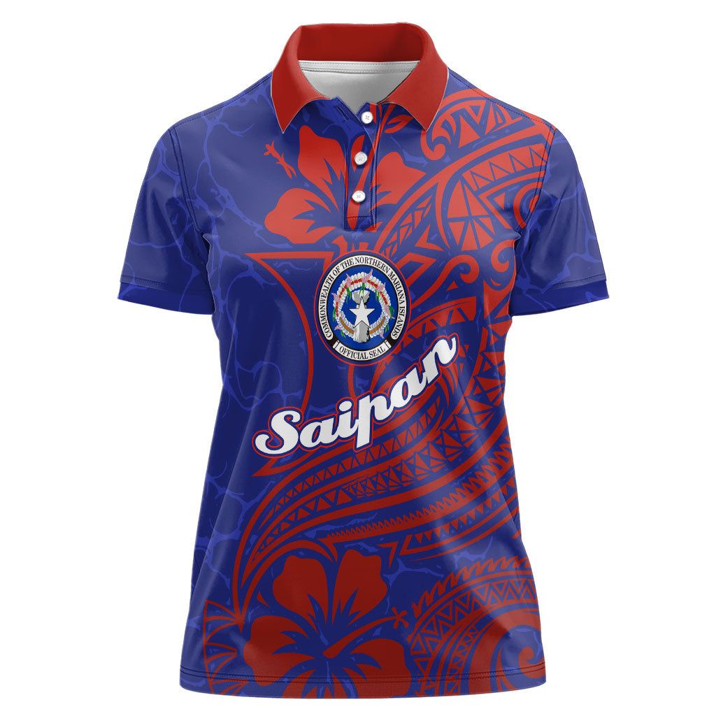 Saipan Northern Mariana Islands Women Polo Shirt Polynesian Tribal Tattoo Art With Hibiscus Flowers And Seal