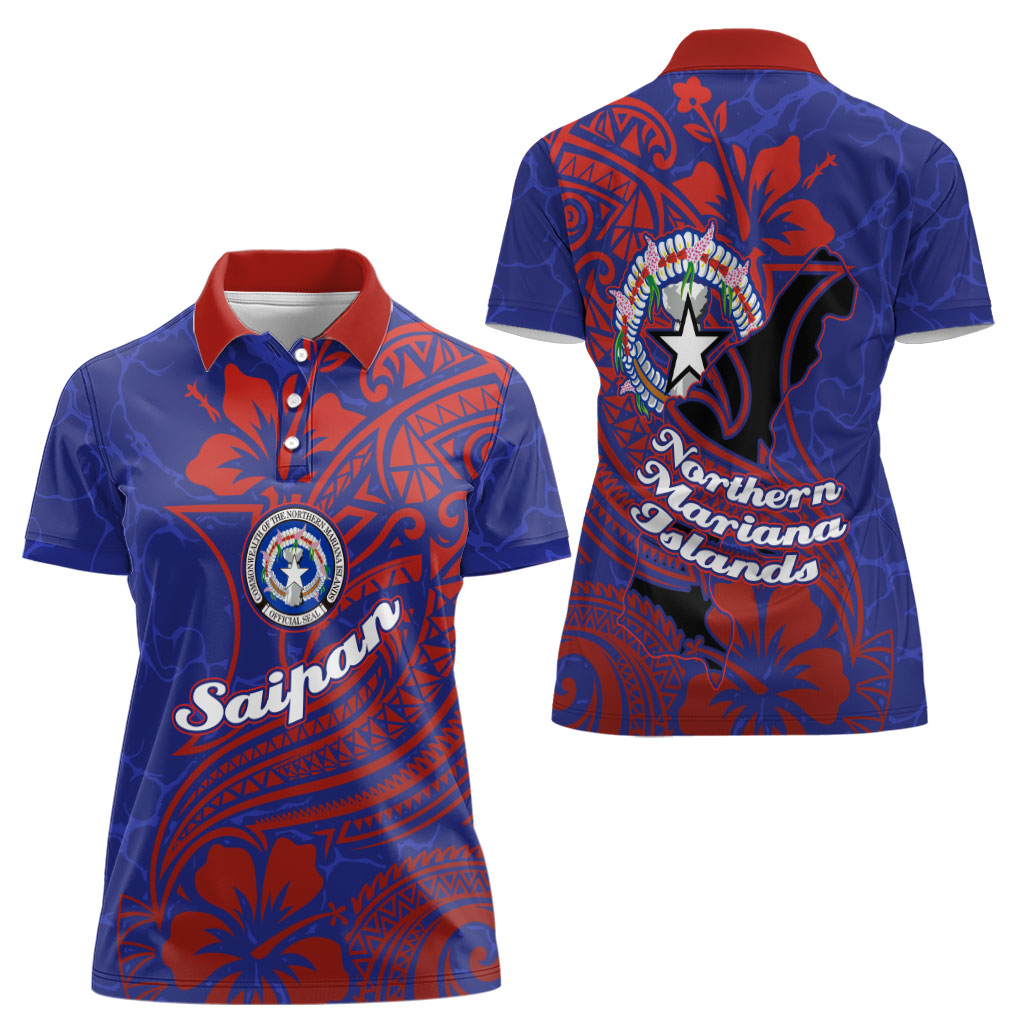 Saipan Northern Mariana Islands Women Polo Shirt Polynesian Tribal Tattoo Art With Hibiscus Flowers And Seal