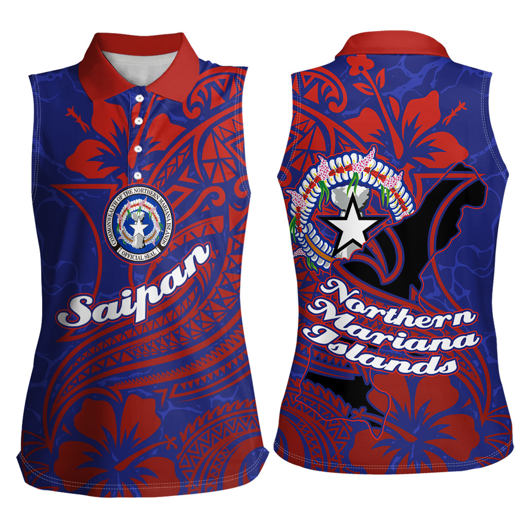 Saipan Northern Mariana Islands Women Sleeveless Polo Shirt Polynesian Tribal Tattoo Art With Hibiscus Flowers And Seal
