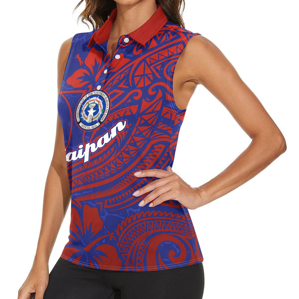 Saipan Northern Mariana Islands Women Sleeveless Polo Shirt Polynesian Tribal Tattoo Art With Hibiscus Flowers And Seal