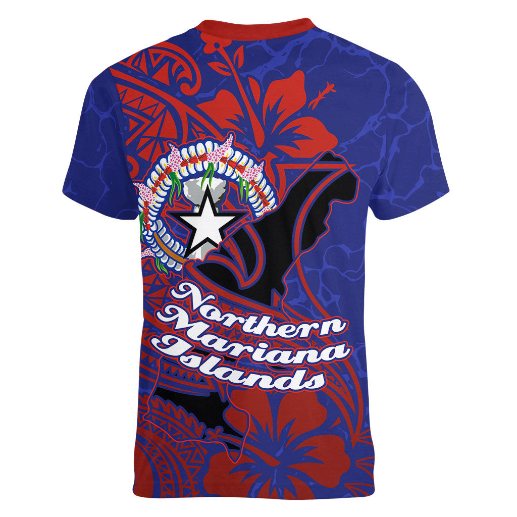Saipan Northern Mariana Islands Women V-Neck T-Shirt Polynesian Tribal Tattoo Art With Hibiscus Flowers And Seal